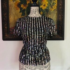 Sequin Short-Sleeve Peplum Top - Black Iridescent